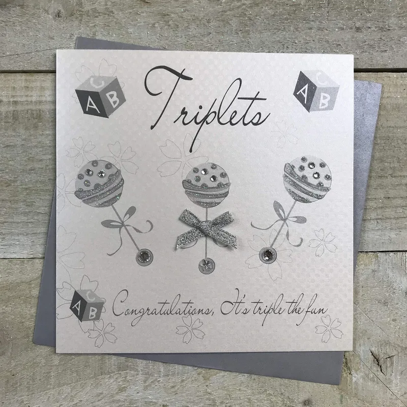 Rattles Grey Card New Baby Card for Triplets with Silver Rattle Design
