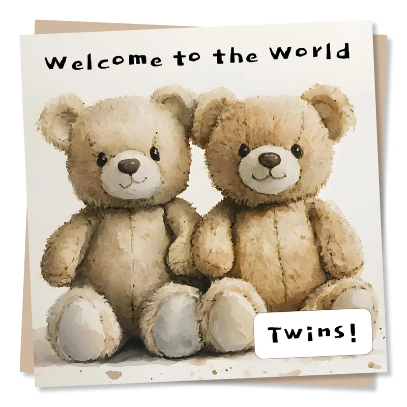 Teddy Bears Twins New Baby Card: Welcome to the World