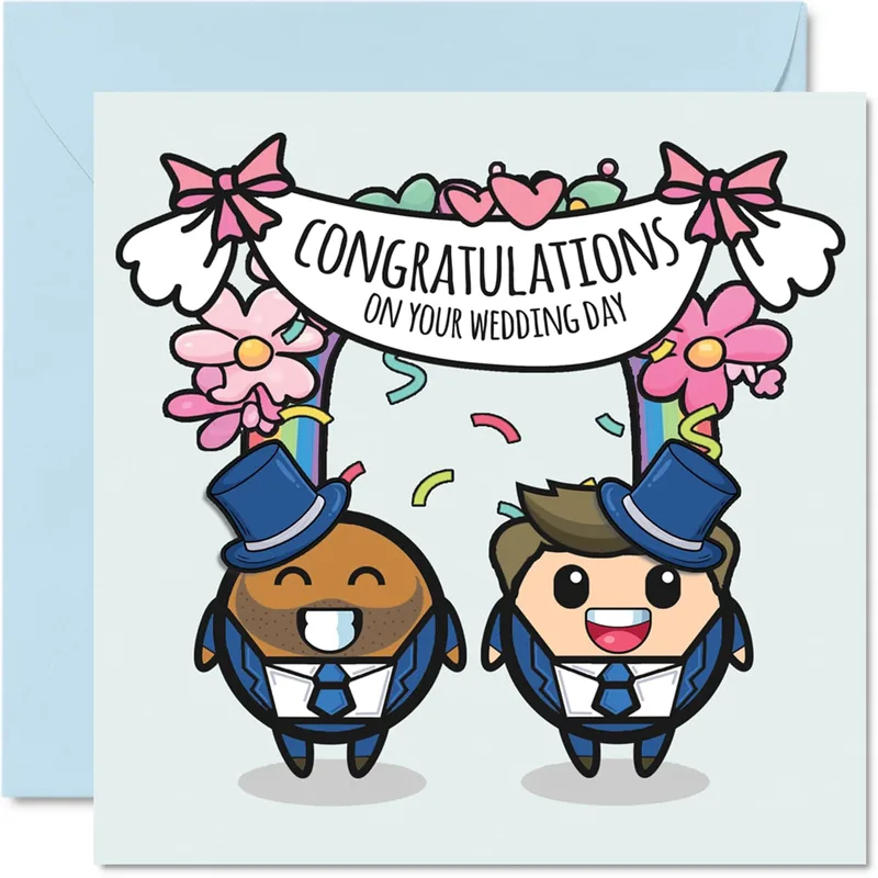 Grooms Pink Flowers Wedding Card features two cartoon grooms