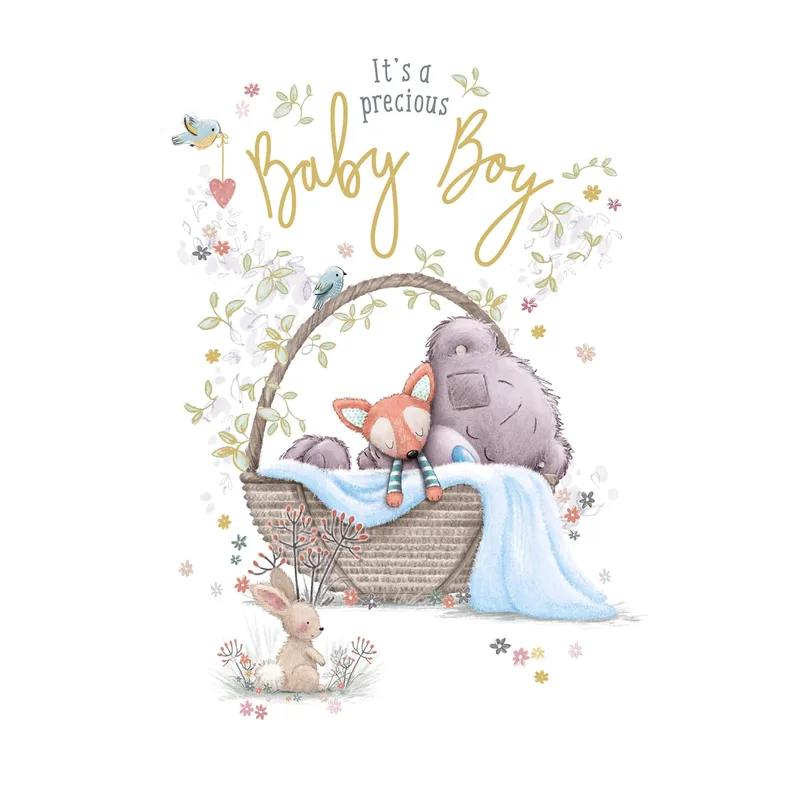 Teddy Bear Basket New Baby Card features a sleeping bear
