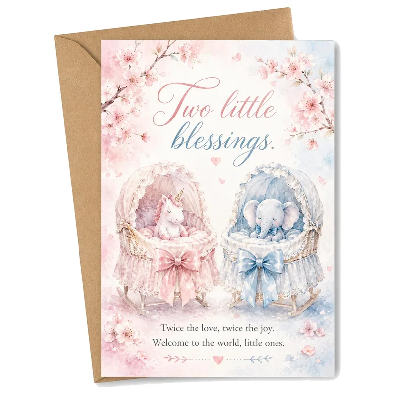 Babies Pink Blossoms New Baby Card for Twin Celebrations