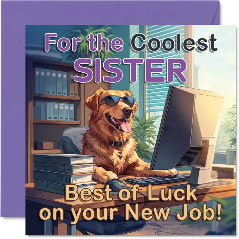 Retriever at Desk New Job Card for a Cool Sister