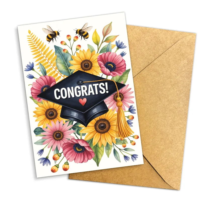 Black Graduation Cap Congratulations Card featuring sunflowers