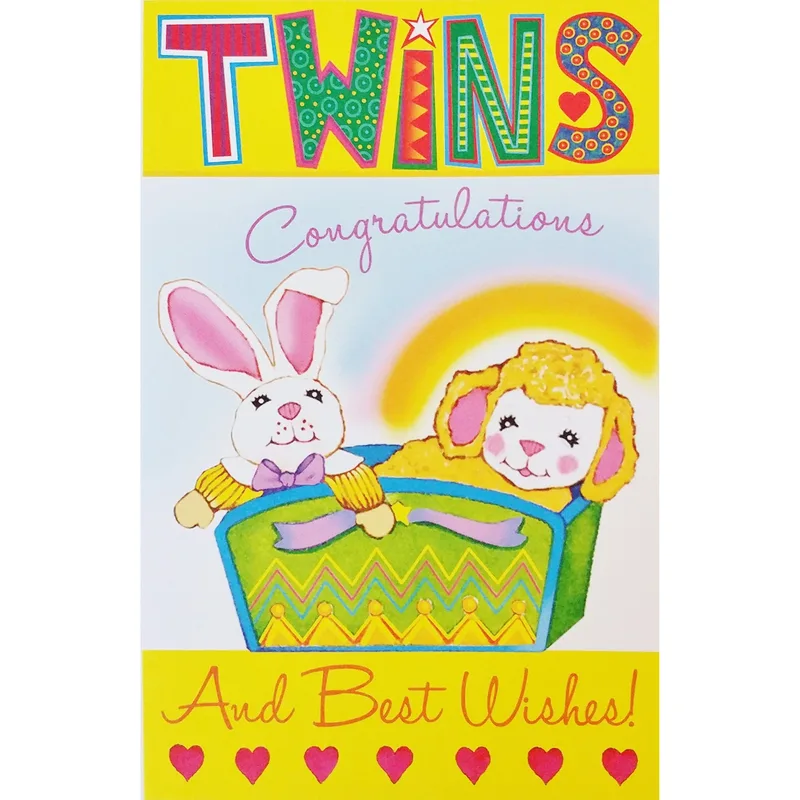 Lamb Twin Box New Baby Card Celebrates Double Joy with Bunny and Lamb