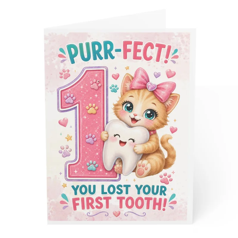 Kitten Holding Tooth Pink Card Celebrates First Tooth Loss
