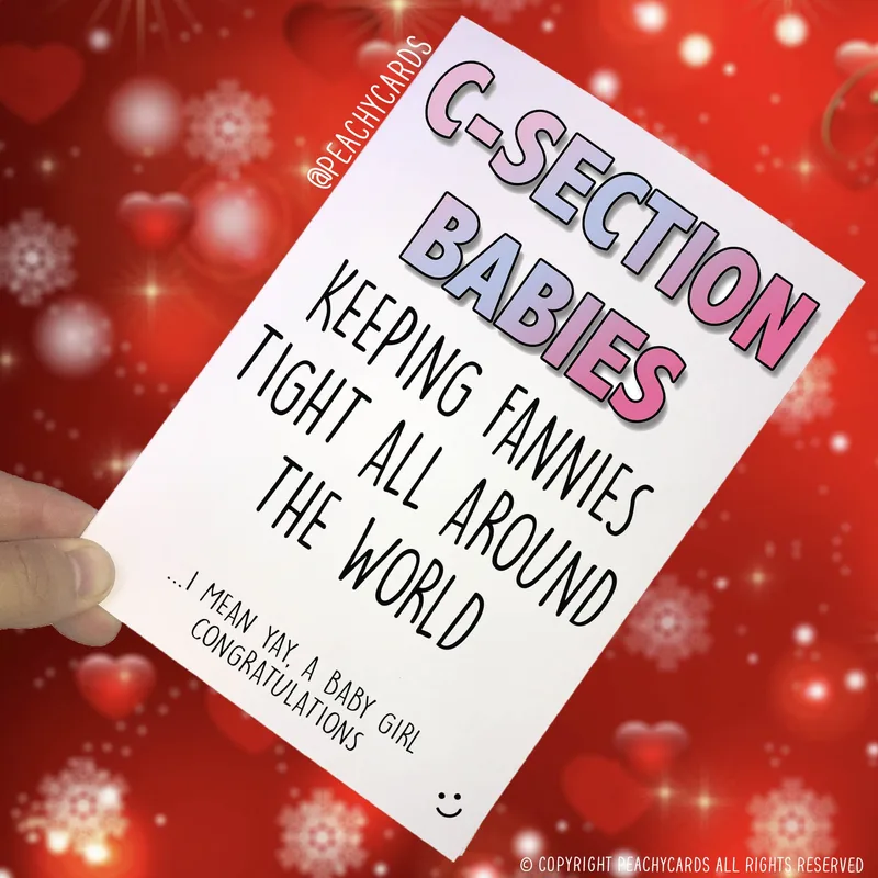 Red Background Pink New Baby Card Features C-Section Text