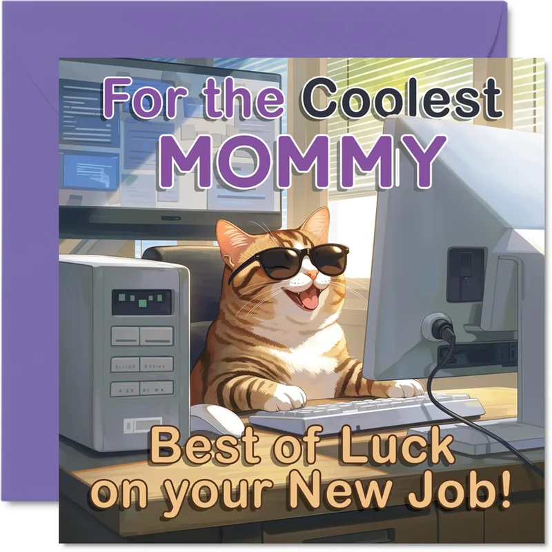 Cat at Computer New Job Card for the Coolest Mommy