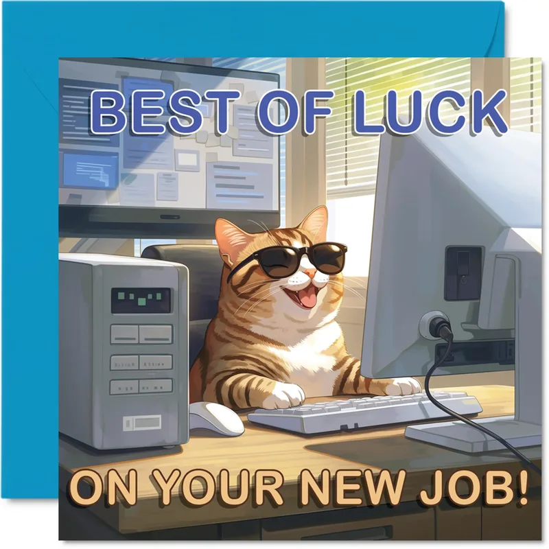 Orange Cat at Computer Card for New Job Success