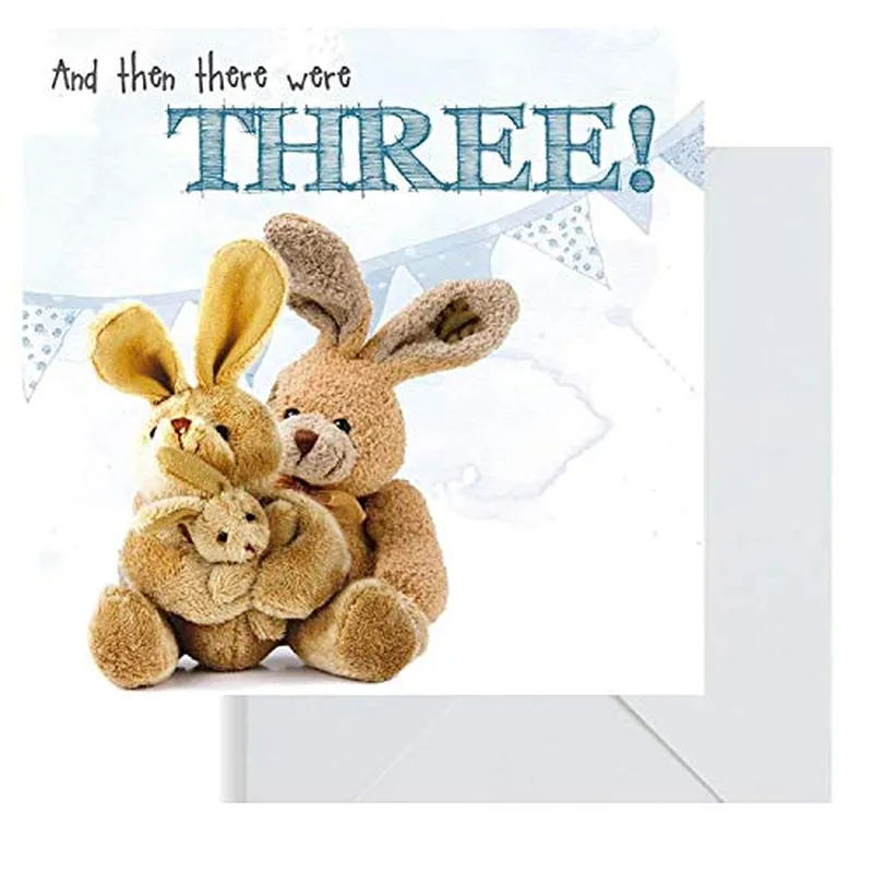 Plush Bunnies Cuddling New Baby Card Celebrates a Growing Family