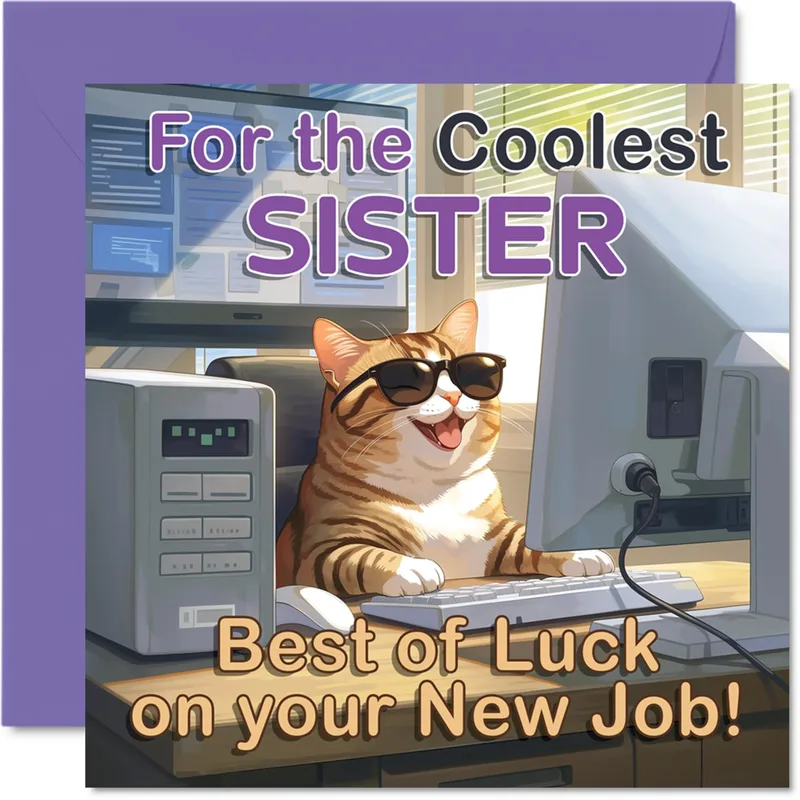 For the Coolest Sister Card: A Cool Cat Celebrating a New Job