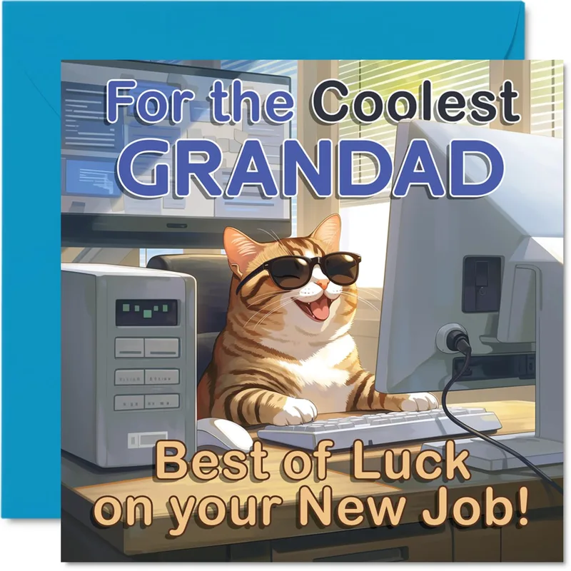 For the Coolest Grandad Card: Cool Cat Computer New Job