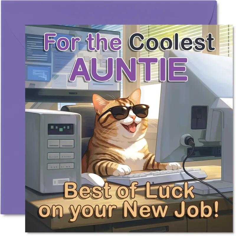 For the Coolest Auntie Card Celebrating a New Job with a Cool Cat
