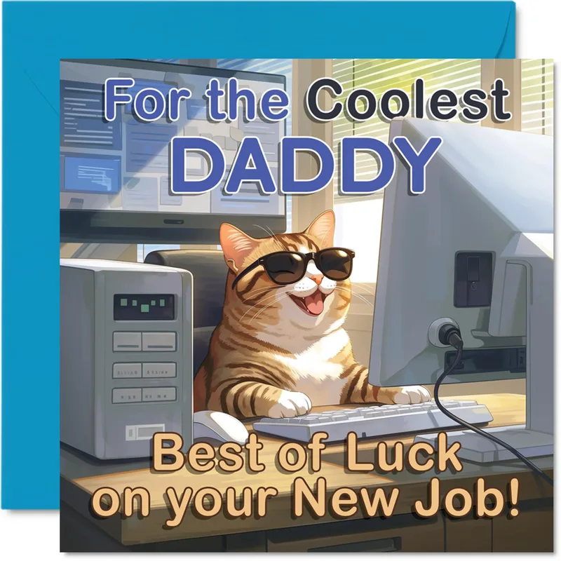 For the Coolest Daddy Card: Cool Cat Celebrating a New Job