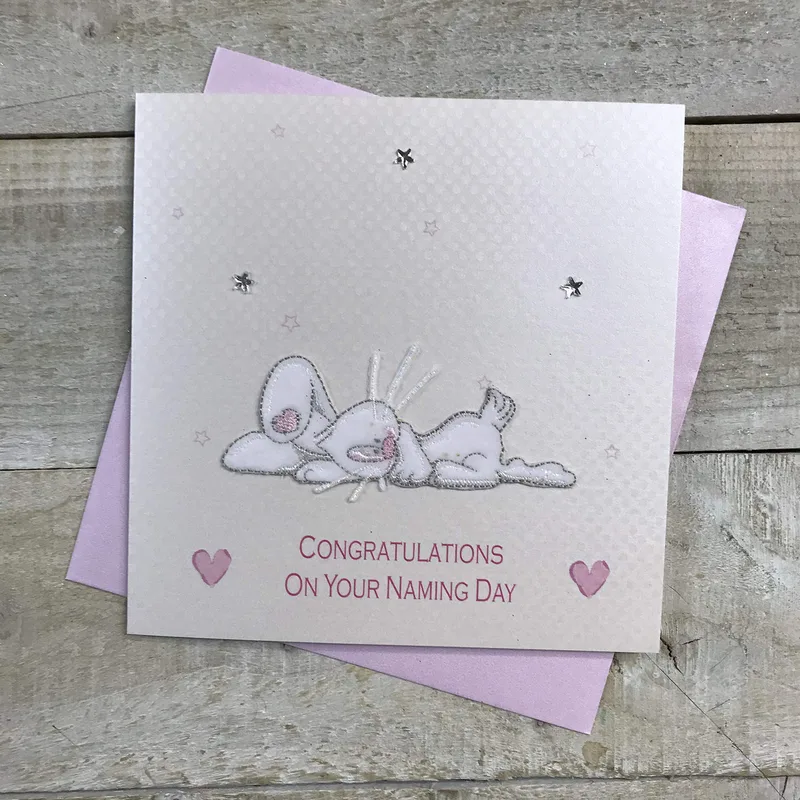 Sleeping Bunny Lilac New Baby Card Features Embroidered