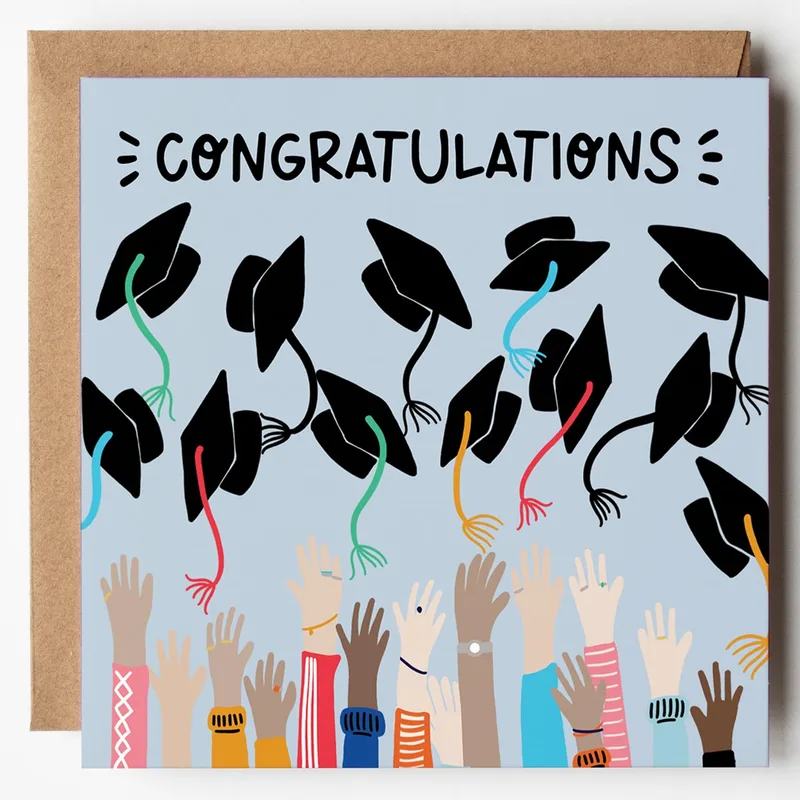 Caps Thrown Air Congratulations Card Celebrating Graduate Success