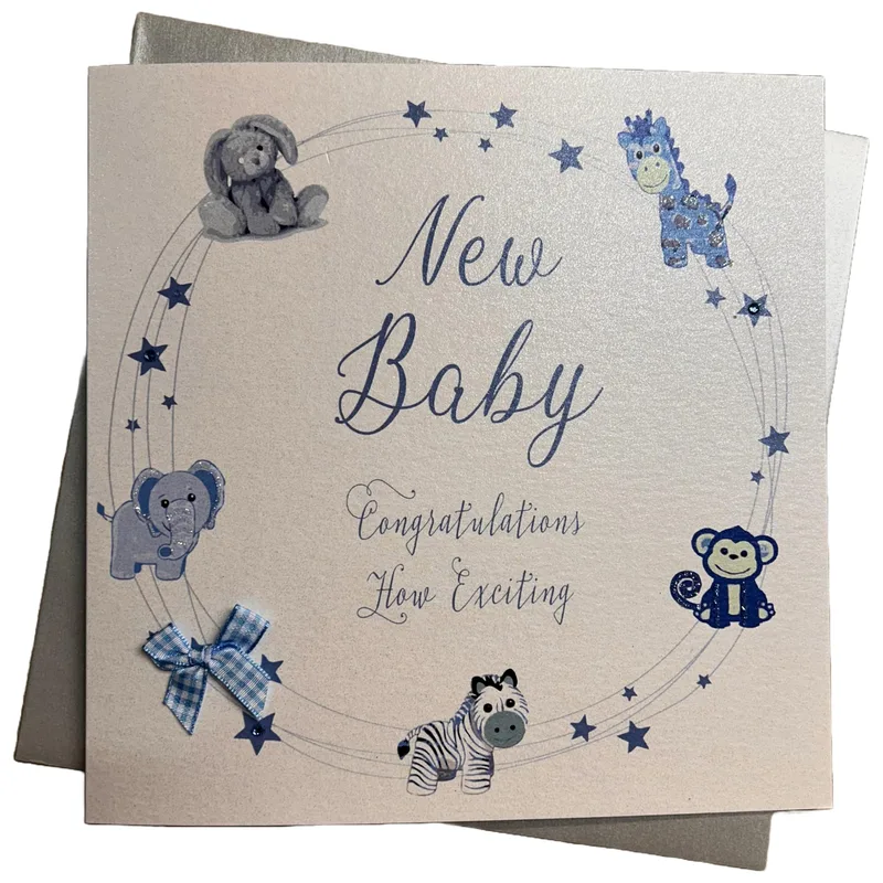 Wreath Blue Stars New Baby Card Celebrates a Little One with Animals