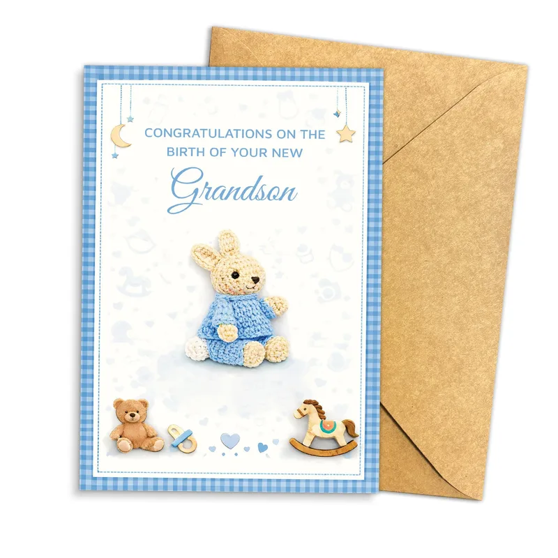 Blue Knitted Bunny New Baby Card – Greeting Card in natural