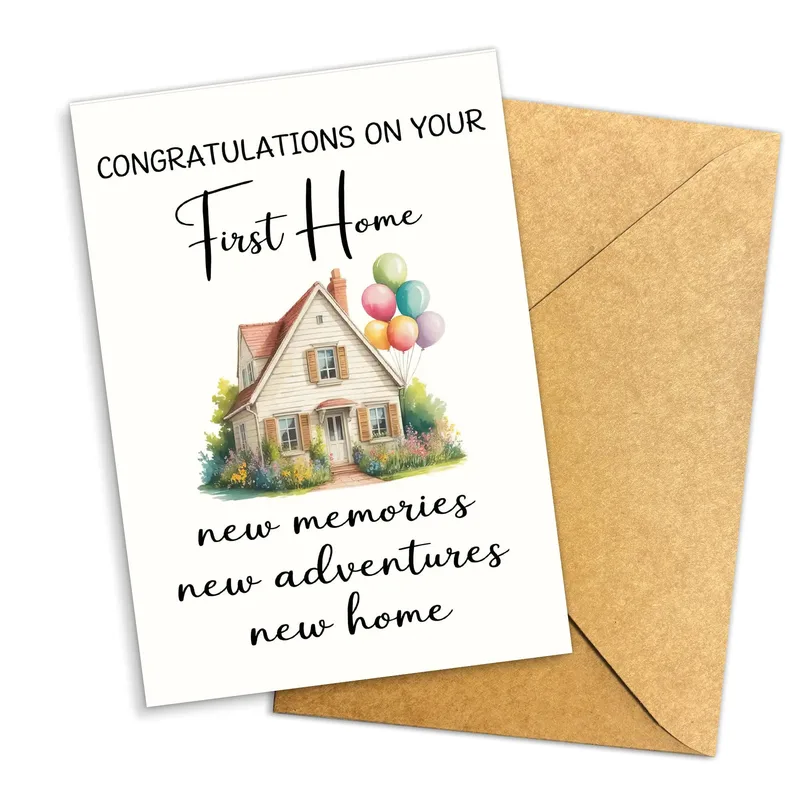 House Balloons New Home Card featuring a watercolor house