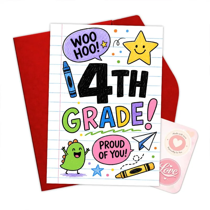 Colorful Doodle Crayons Congratulations Card for 4th Grade Achievement