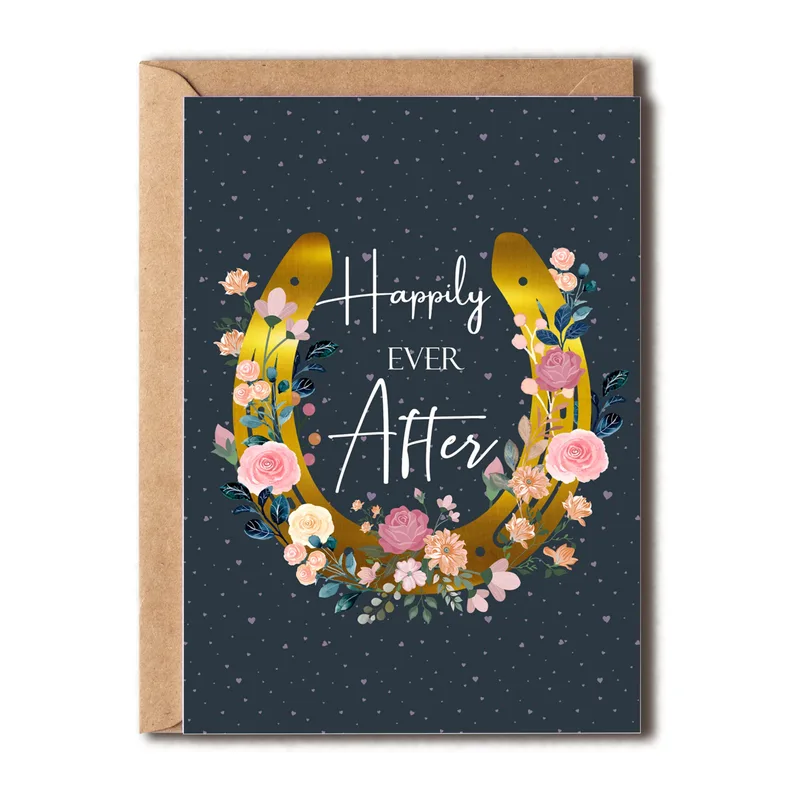 Horseshoe Floral Wreath Wedding Card Celebrating Love and Luck