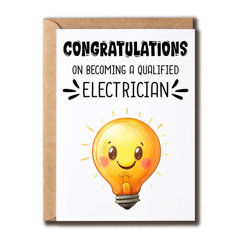 Smiling Lightbulb Character New Job Card for Electrician Graduates