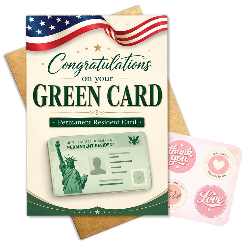 Green Card Congratulations Card features a patriotic flag