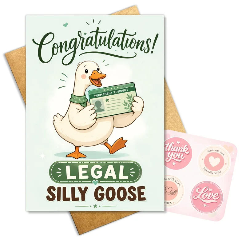 Holding Green Card Congratulations Card for New Residents