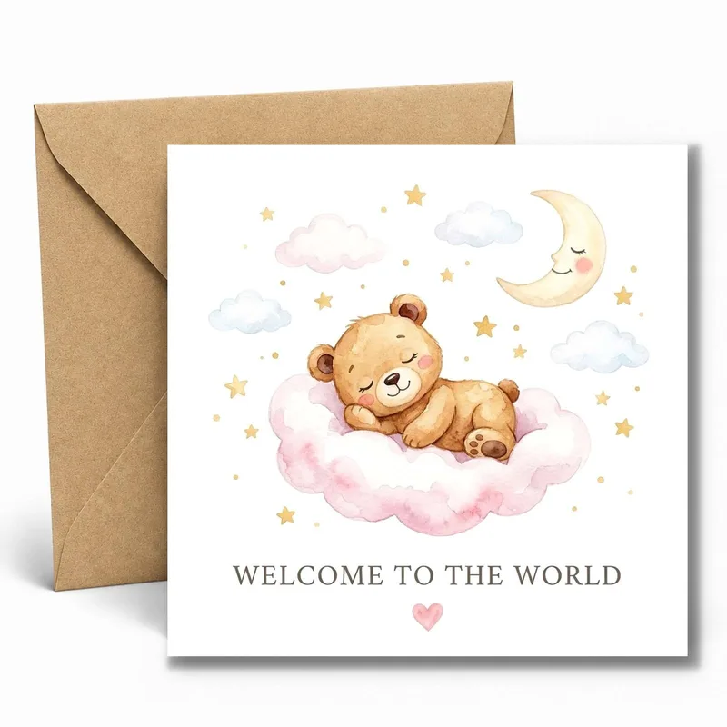 Teddy Bear Cloud New Baby Card: Sleeping Bear on Pink Cloud with Moon