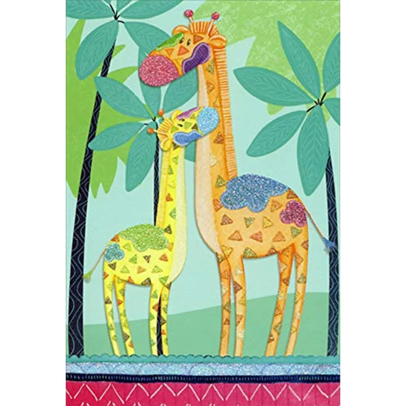 Giraffes in Patchwork Card Celebrates New Arrivals With Whimsical Art
