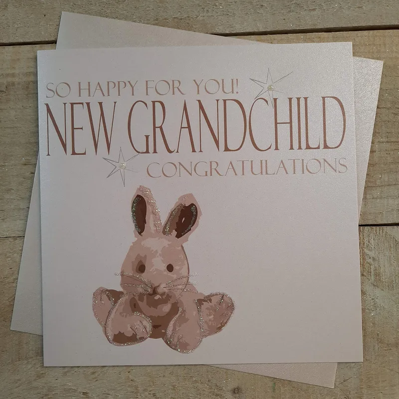 Silver Bunny Plush New Baby Card for Grandparent Celebrations