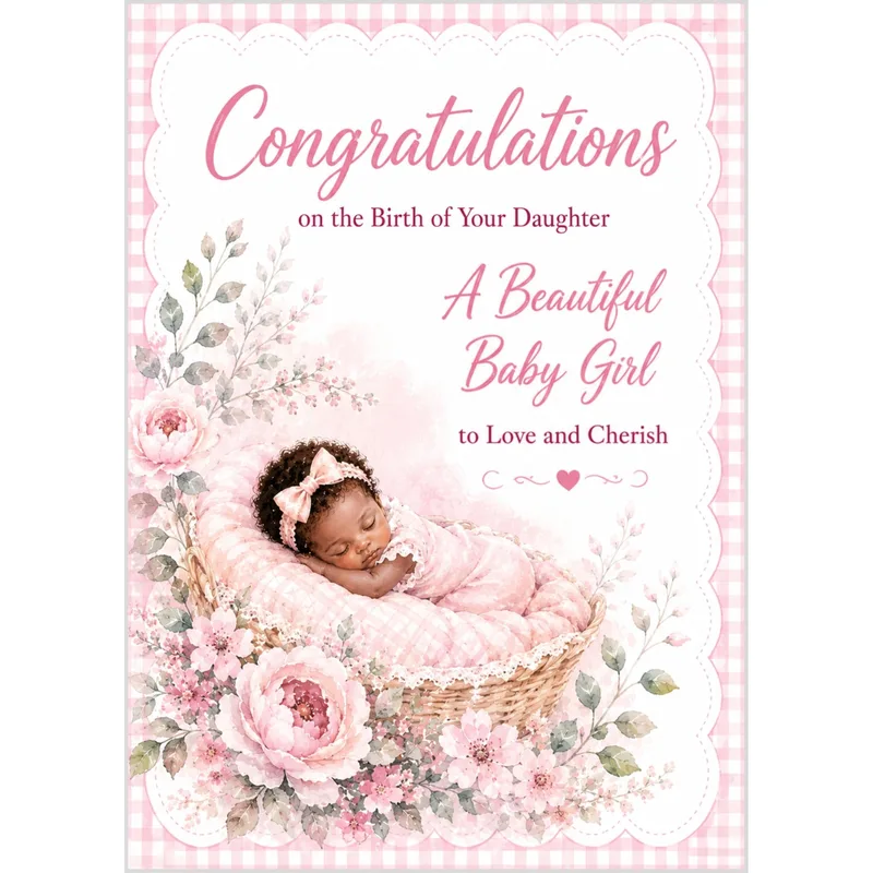 Floral Baby Girl New Baby Card features a sleeping infant