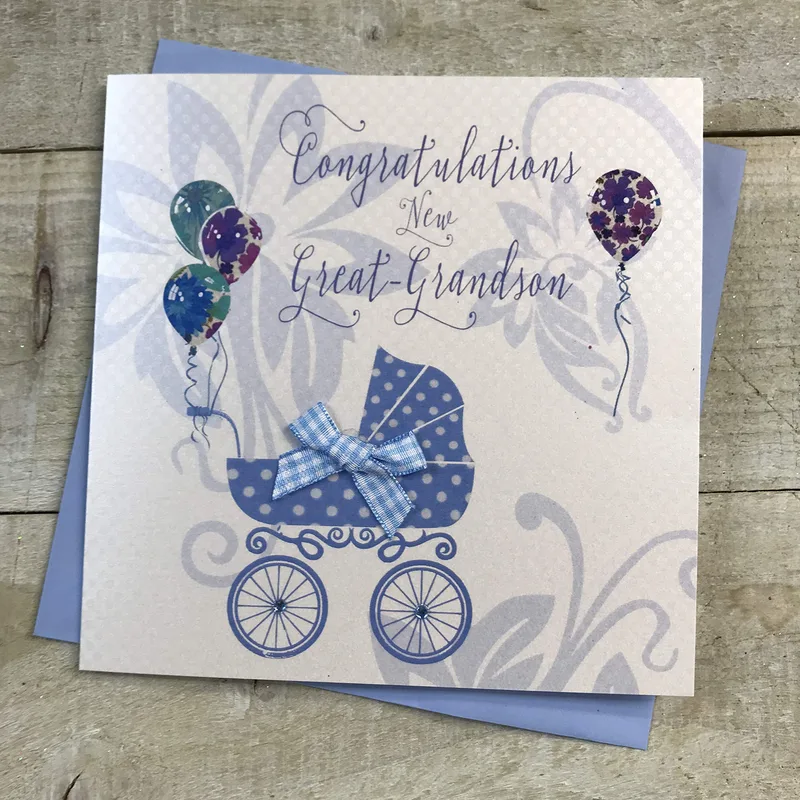 Blue Pram Balloons New Baby Card for a Great-Grandson