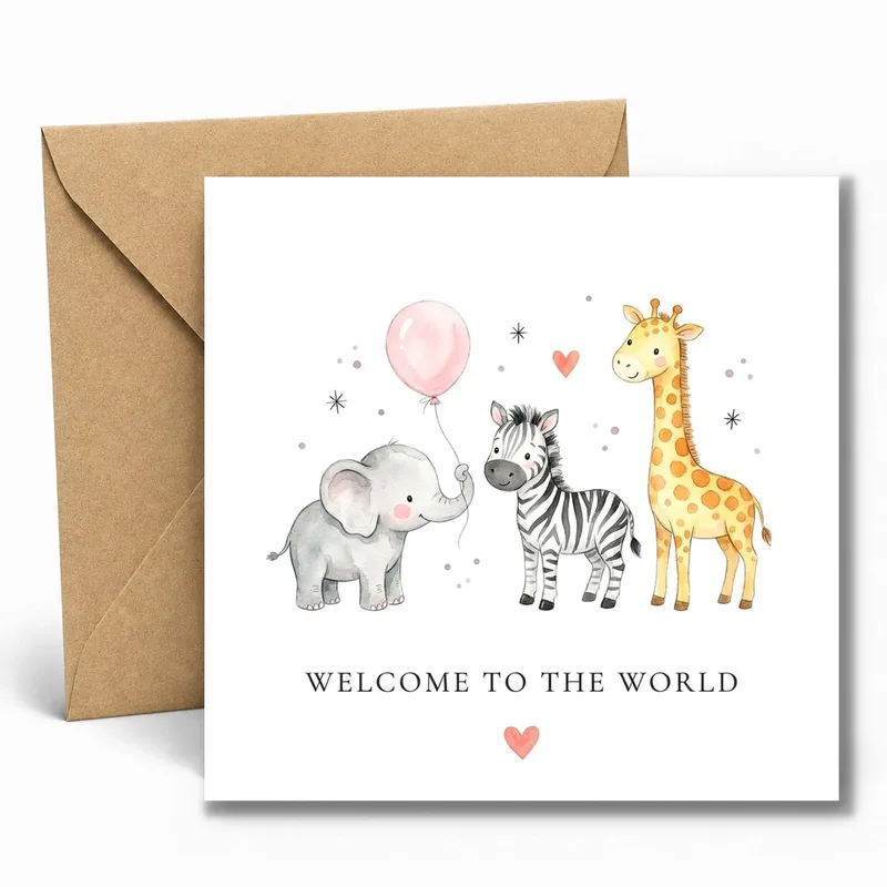 Safari Animals Balloon New Baby Card features a watercolor