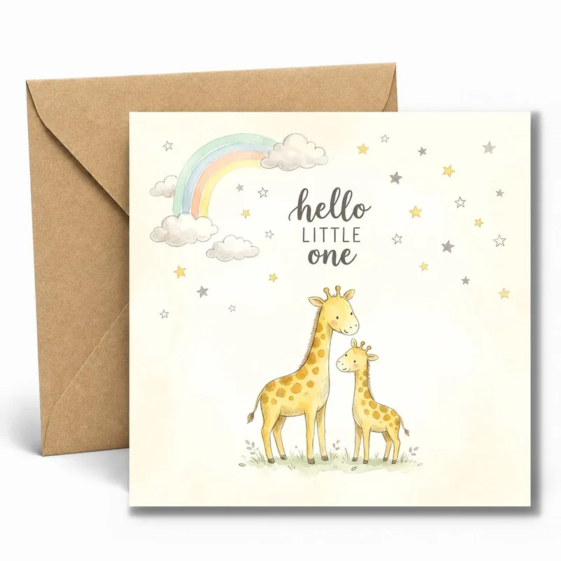 Rainbow Gender Neutral New Baby Card: Hello Little One Giraffe Design