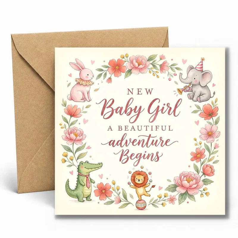 Floral Animals Wreath New Baby Card Celebrating a New Arrival