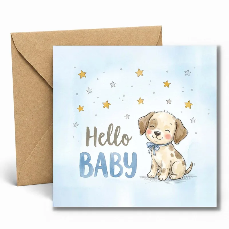Blue Puppy New Baby Card: Hello Baby Watercolor Greeting