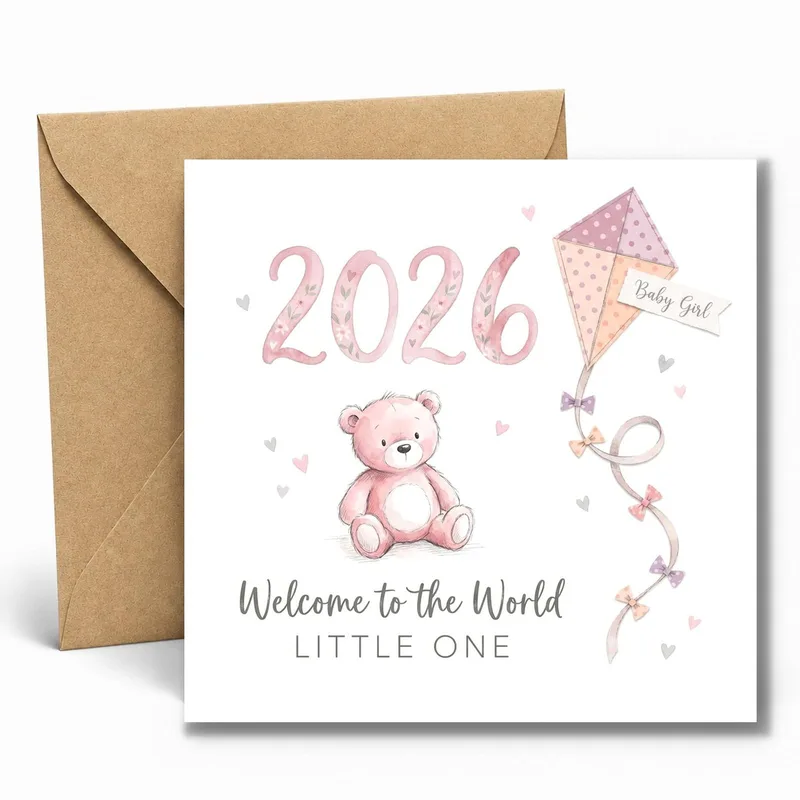Teddy Kite Doodle New Baby Card: 2026 Little One Greeting