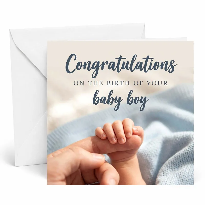 Hand Photo Blue New Baby Card for Newborn Boys