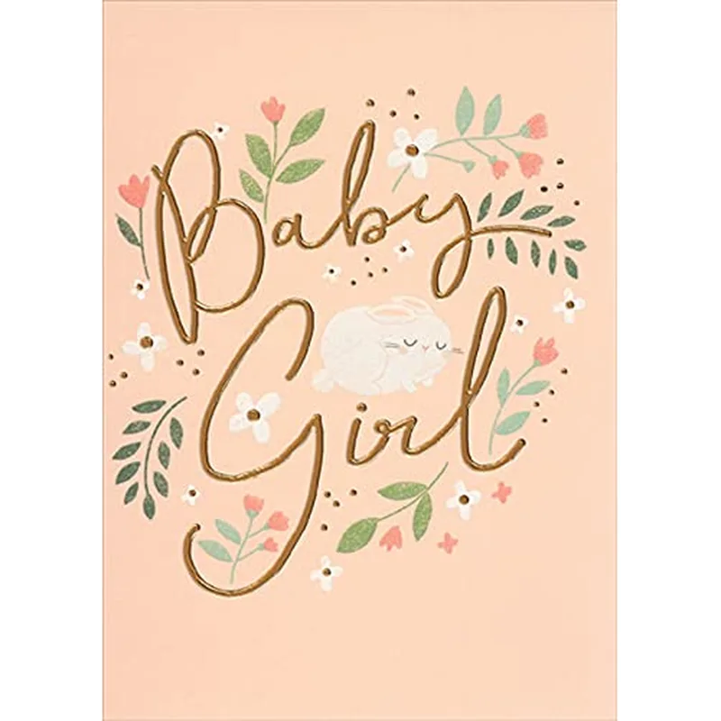 Floral Bunny Script New Baby Card features gold script
