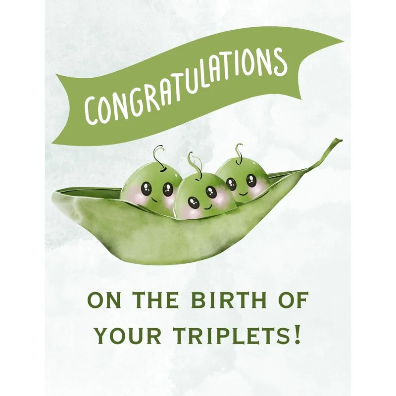 Green Peas Pod New Baby Card for Triplet Birth
