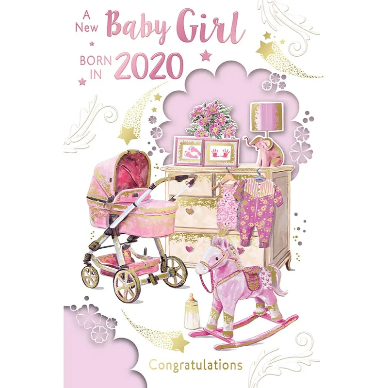 Pram Rocking Horse New Baby Card Celebrating a 2020 Arrival