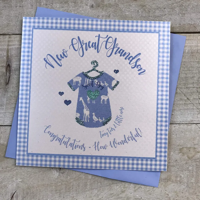 Gingham Baby Romper New Baby Card for a New Great Grandson