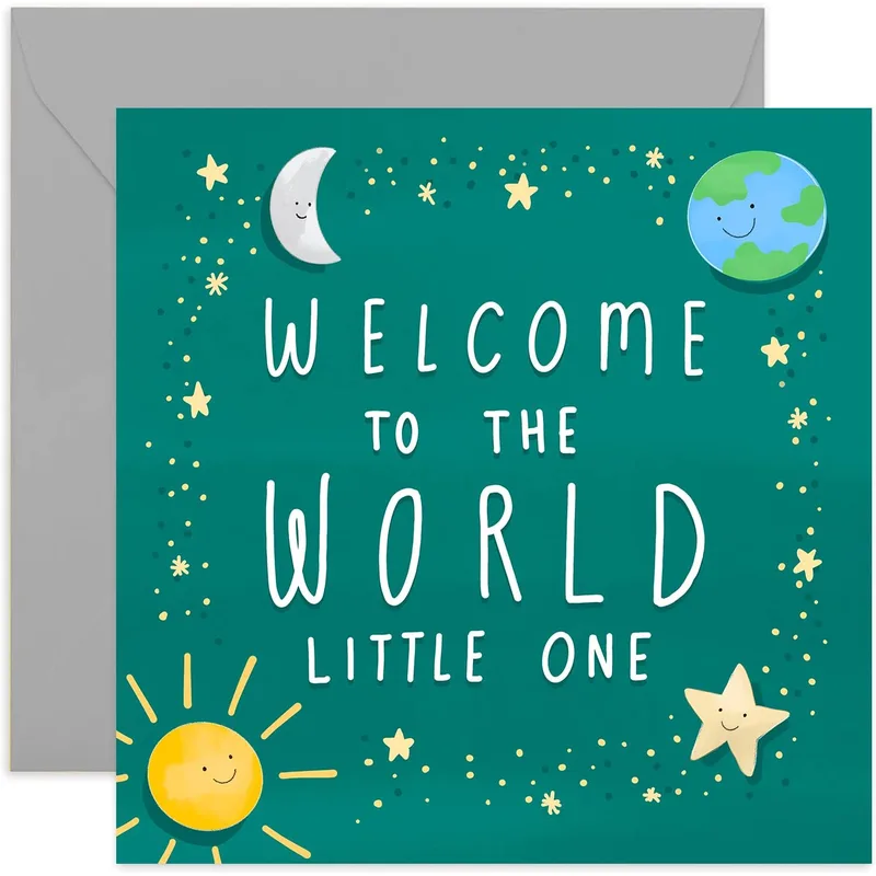 Teal Moon Sun Stars Card: Welcome to the World, Little One