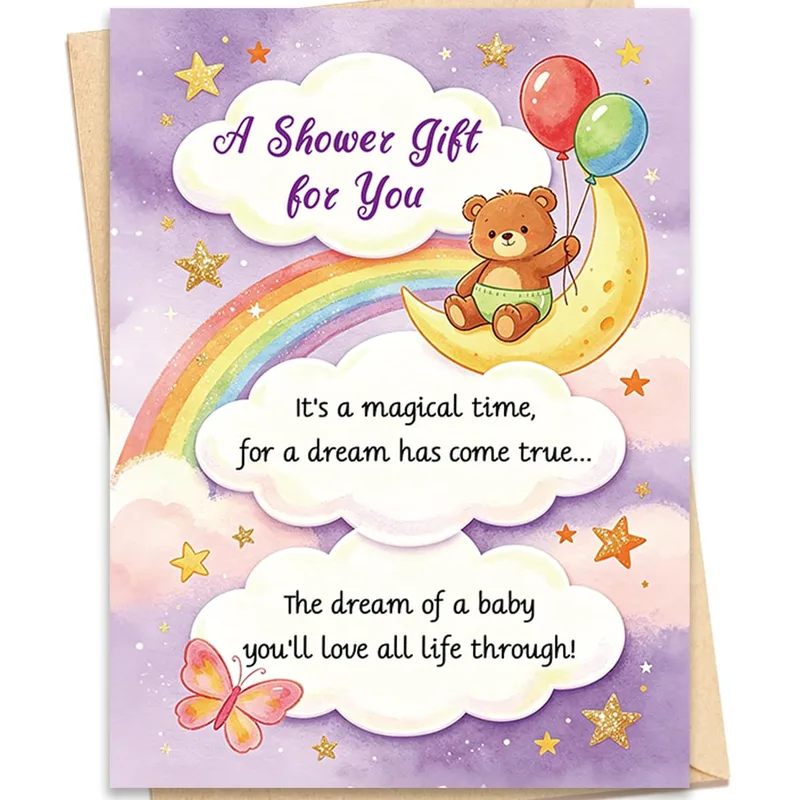 A Shower Gift Card with a Teddy on a Rainbow Moon