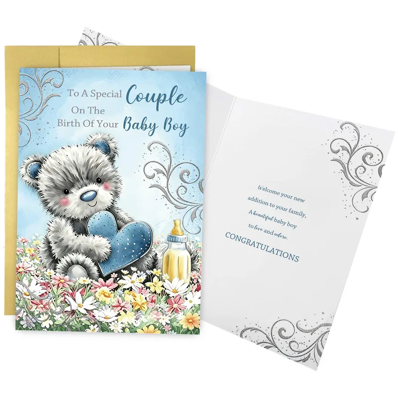 Congratulations New Parents Card: Teddy Bear With a Blue Heart