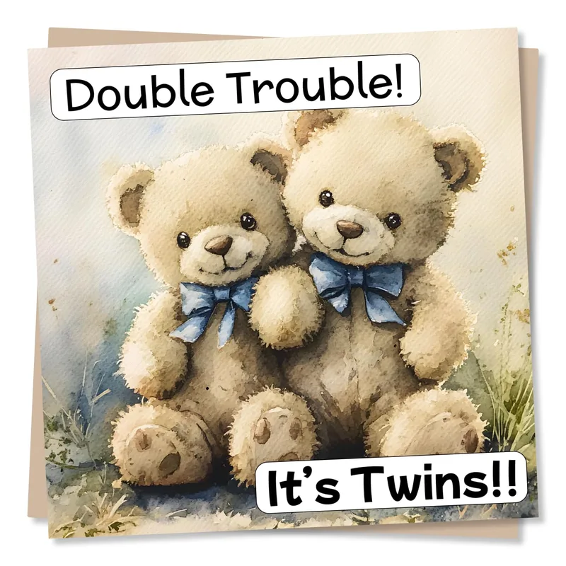 Double Trouble It's Twins Card – Watercolor teddy bears with Double Trouble and It's Twins wording – Greeting Card in black
