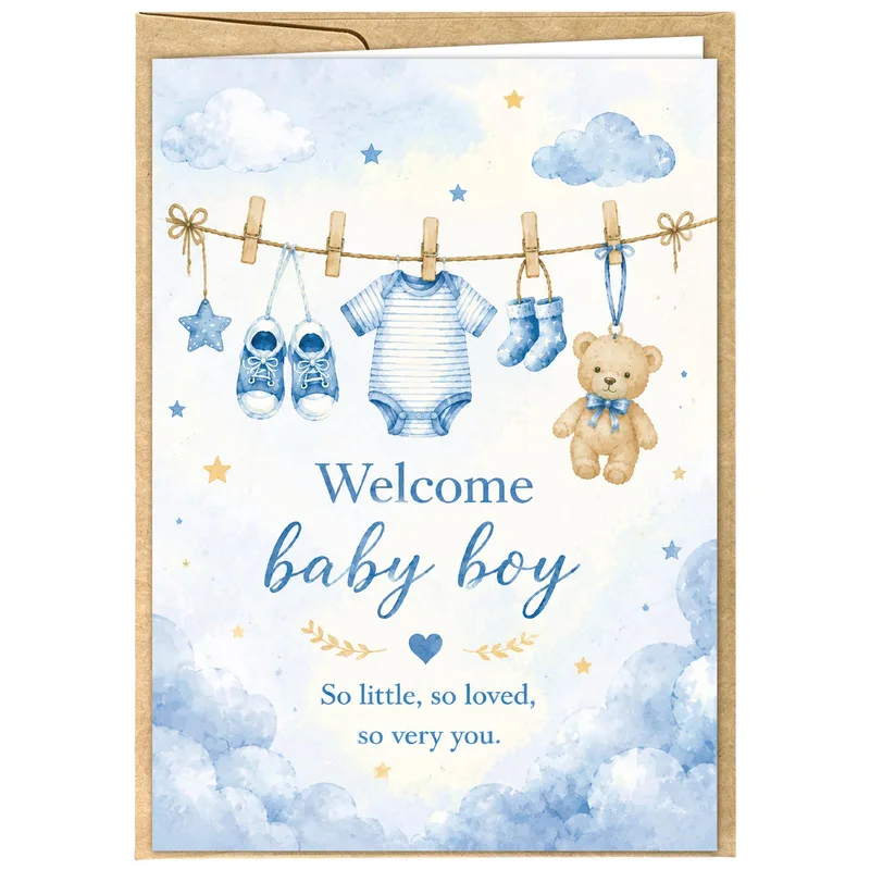 Welcome Baby Boy New Card: Blue Clothesline Greeting