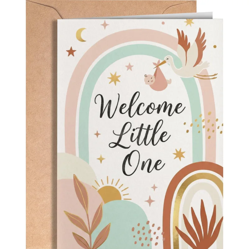 Pastel Rainbow Stork Card for a New Baby Welcome