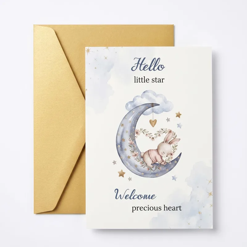 Hello Little Star Welcome Card: A Sleepy Bunny on the Moon
