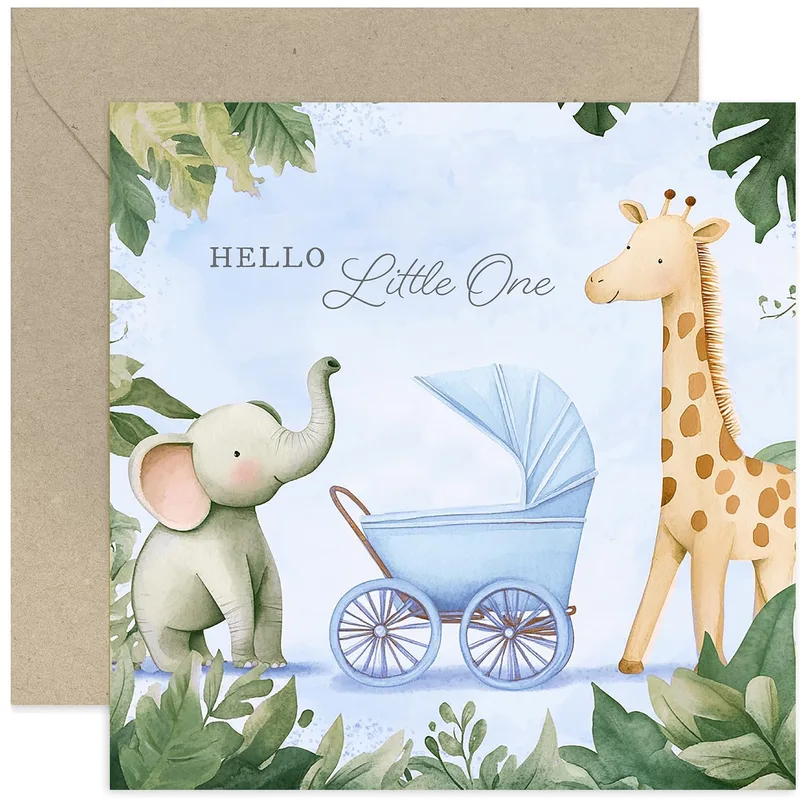 Blue Watercolor Jungle Animals Card for a New Baby Boy